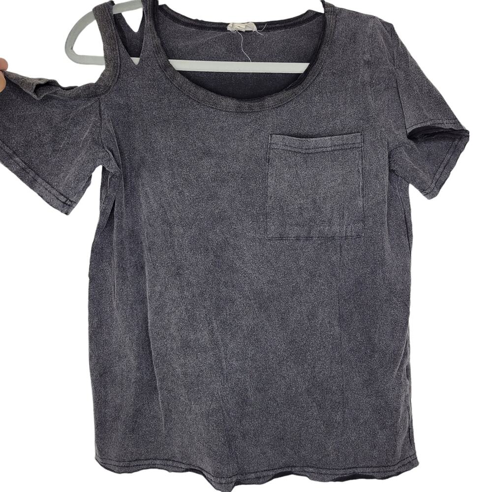 POL Black Mineral Washed Pocket Tee w/ Rip Shoulder Detail Shirt Women S